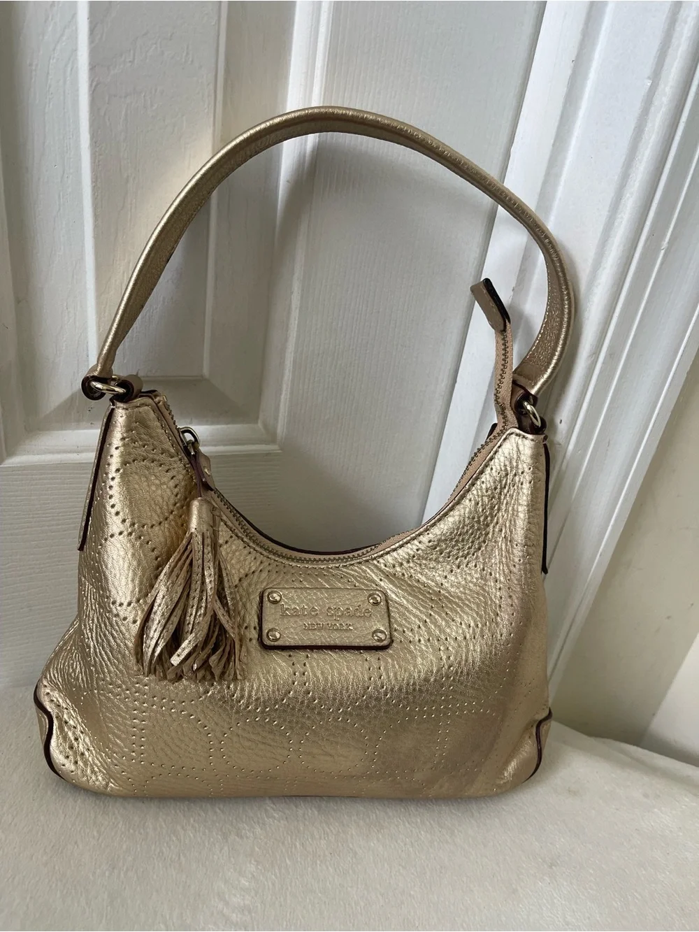 Kate Spade Y2K Vintage Metallic Gold Leather Shoulder Bag with Tassel